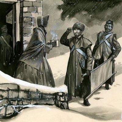 Florence Nightingale saluant des soldats dans la neige - English School